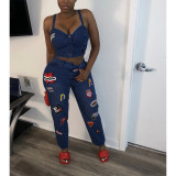 Stylish Letter Pattern Embroidered Sexy Denim Two Piece Pants Set