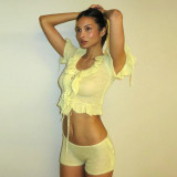Women's Summer  Solid Color Mesh Lace-Up Crop Square Neck Short Sleeve Top Shorts Two Piece Set