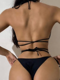 Women's Sexy Low Back Solid Color Lace-Up Garter Two Piece Bikini Swimsuit