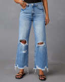 Tassels Washed Ripped Long Denim Pants Casual Wide-Leg Trousers