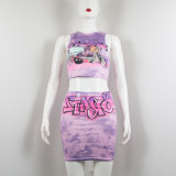 Summer Street Trendy Round Neck Sleeveless Print Slim Two Piece Skirt Set