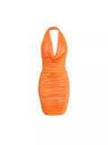 Sexy Orange Pu Leather Halter Neck Strap Low Back Slim Fit Ruch Bodycon Dress