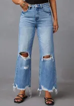 Tassels Washed Ripped Long Denim Pants Casual Wide-Leg Trousers