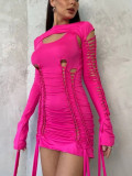 Women's Sexy Hollow Out Long Sleeve Lace-Up Bodycon Dress