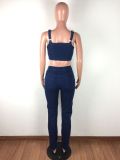 Stylish Letter Pattern Embroidered Sexy Denim Two Piece Pants Set