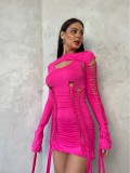 Women's Sexy Hollow Out Long Sleeve Lace-Up Bodycon Dress