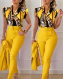 Stylish Printed Ruffle Sleeve Top Solid Color Pants Two Piece Set With Belt
