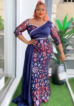 Patchwork Contrast African Women's Plus Size High Waist Sequin Long Dress