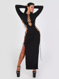 Sexy Hollow Lace-Up Slim-Fitting High-Side Slit Long-Sleeved Irregular Dress