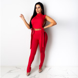 Women Solid Lace-Up Sexy Top and Pant Two-piece Set