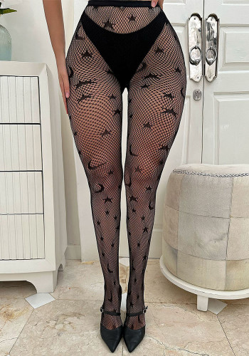 Women Black Sexy Star Moon Fishnet Stockings Basic Black Silk Peach Butt Pantyhose Sexy Lingerie