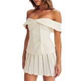 Women summer off-the-shoulder double-breasted Top and pleated Skirt two-piece set