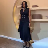 Women Summer Turndown Collar Vest And Pleated Skirt Casual Two-piece Set