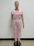 Fashionable Women's Printed Sleeveless Casual Two Piece Pants Set