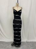 Summer Plus Size Women Stripe Print Sexy V-Neck Suspender Maxi Dress