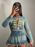 Women 's Embroidered Denim Top Pleated Skirt Two Piece Set