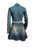 Women 's Embroidered Denim Top Pleated Skirt Two Piece Set
