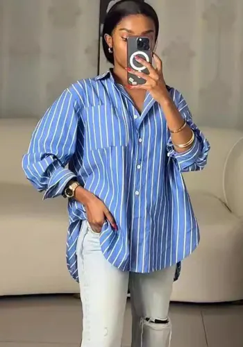Spring Casual Blue And White Striped Career Loose Shirt