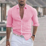 Men 's Summer Turndown Collar Long Sleeve Solid Color Beach Linen Shirt