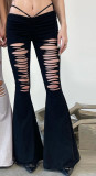 Women 's Sexy Low-Waisted Ripped Cutout Casual Bell Bottom Trousers