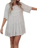 Women 's Sequin Half Sleeve Round Neck Ruffle Loose Formal Party Dress