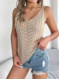Spring And Summer Casual Solid Color V-Neck Hollow Top Holidays Knitting Shirt Women 's Clothing