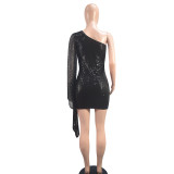 Women Sequin Solid Slash Shoulder Party Dress
