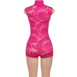 Spring And Summer Women 's Fashionable And Sexy Lace Jacquard See-Through Tight Fitting Shorts Jumpsuit
