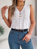Women Spring and Summer Button V-Neck Hollow Sleeveless Holidays Knitting Top