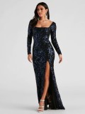 Women 's Sexy Backless Lace-Up Long Sleeve Sequin Party Dress