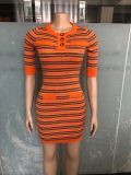 Women Round Neck Striped Knitting Short Sleeve Dress