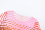 Women 's Spring Fashion Sexy Print Mesh Long Sleeve Crop Top Drawstring Bodycon Skirt Two Piece Set