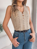 Women Spring and Summer Button V-Neck Hollow Sleeveless Holidays Knitting Top