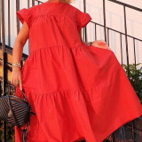 Plus Size Women Summer Dress Round Neck Pink Maple Leaf Casual Beach Dress