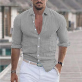 Men 's Summer Turndown Collar Long Sleeve Solid Color Beach Linen Shirt