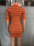 Women Round Neck Striped Knitting Short Sleeve Dress