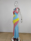Women Sleeveless Color Block Halter Neck Print Dress