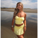 Women Sexy Strapless Pleated Top and Pants and Skirt Two-piece Set