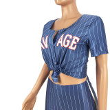 Women Sexy Women Striped Letter Baseball Top and Skirt Two-piece Set