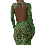 Women Summer Sexy Knitting See-Through Holidays Solid Backless Knitting Maxi Dress