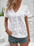 Women Summer Casual V-Neck Solid Lace Patchwork Shirt