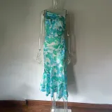 Summer Multicolor Printed Slash Shoulder Fishtail Strap Dress