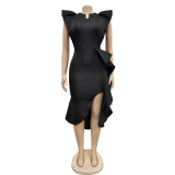Fashion women's solid color belted ruffled irregular dress