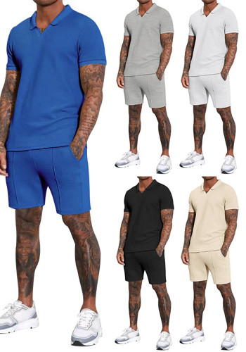 Men's Summer Oversize Waffle Turndown Collar Short-Sleeved Polo Top Shorts Two Piece Set