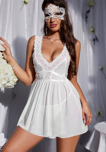 Sexy See Through Lace Mesh Patchwork Strap Low Cut Nightdress