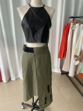 Women's Fashionable Sleeveless Halter Neck Cropped Top Irregular Skirt Two Pieces Set