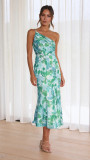 Summer Multicolor Printed Slash Shoulder Fishtail Strap Dress