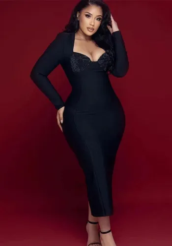 Sexy V-Neck Long-Sleeved Bandage Dress Bodycon Diamond-Encrusted Stretch Formal Party Dress