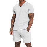 Men's Summer Oversize Waffle Turndown Collar Short-Sleeved Polo Top Shorts Two Piece Set