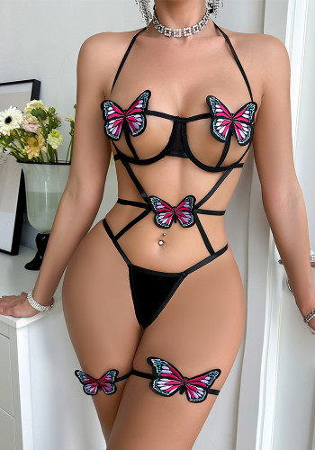 Lace Strap Halter Neck Low Back Butterfly Bow Hollow Sexy One-Piece Lingerie